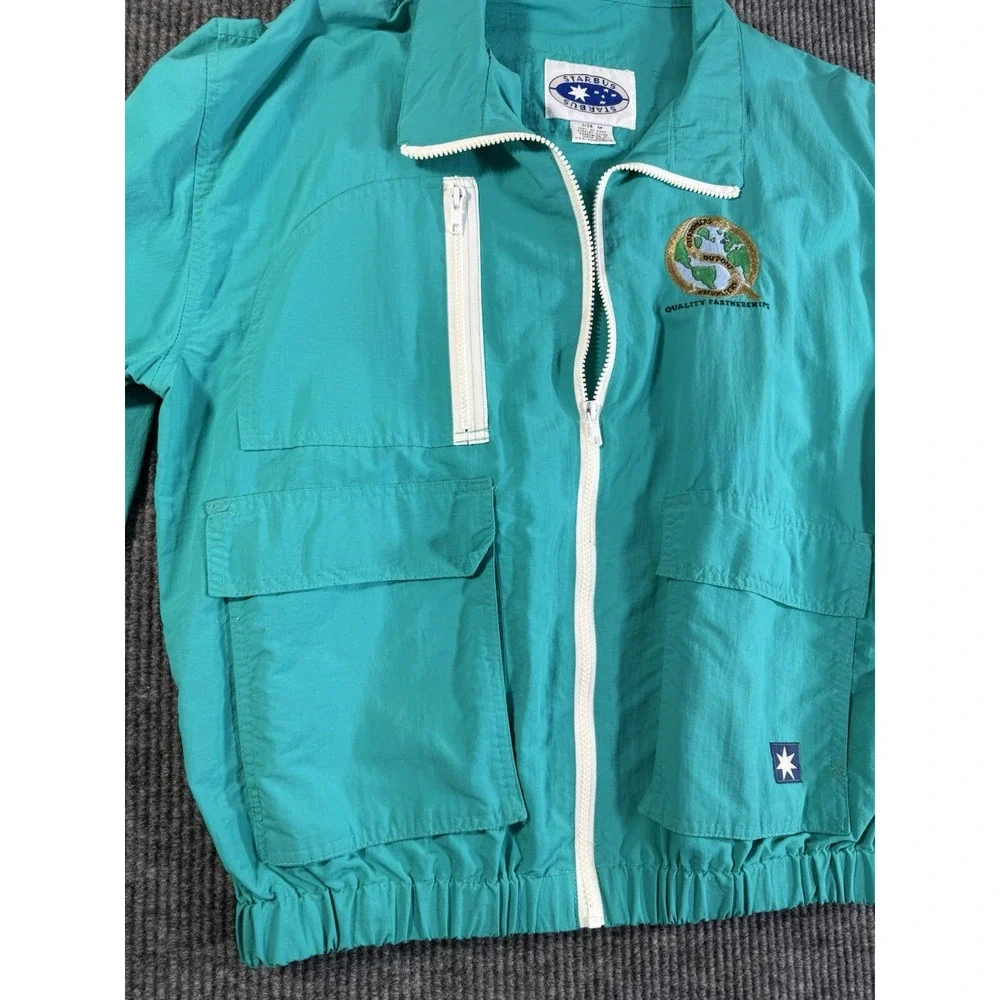 Vintage Starbus Men's Teal Windbreaker Jacket Embroidered Collared Zip-Up Size M